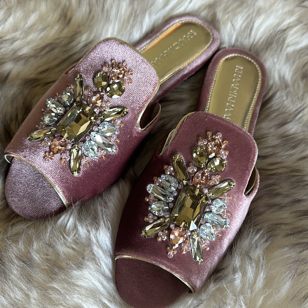 Pink velvet slides Rhinestones crystals New with dustbags & a box - Picture 3 of 10